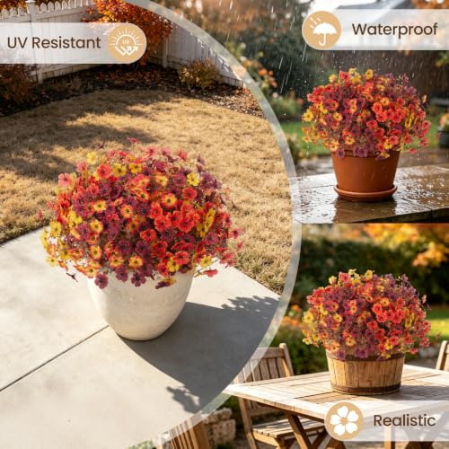 INXUGAO 12PCS Fake Artificial Fall Mums Flowers for Outdoor Decoration Faux Silk Fall Flowers Plants for Outdoor Planters UV Resistant Daisy for Home Decor - color: Fall-orange Brown Yellow Sunset Red
