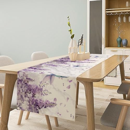 Hummingbird Table Runner,Spring Watercolor Purple Lavender Print Table Runner for Holiday Kitchen Living Room Home Party Decor 13x36 Inch - color: Hummingbird-3, size: 13x36in