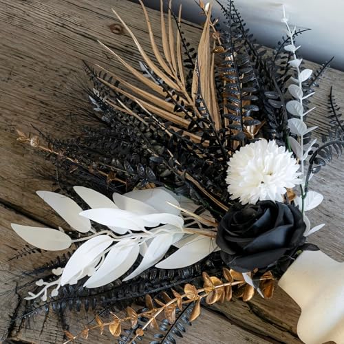 Gothic Artificial Flower Bouquet, 17-Inch Black Roses With Gold Metallic Fern Leaves, 13pcs of Faux Flower Arrangements, Church Wedding Centerpieces, Home Decoration, Halloween (Vase Not Included) - color: Gothic Black Gold - 1