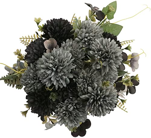 Jim's Cabin Artificial Chrysanthemum Ball Flowers - 3pcs Realistic Silk Flower with Stems&Leaves for Wedding, Party, House Decoration, Table Centerpieces Flowers (Black, Gray) - color: Black, Gray