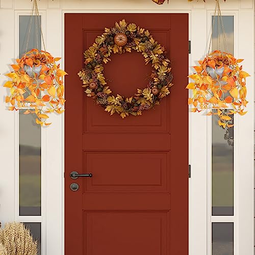 TNNTOPELE Autumn Fake Hanging Plants with Pot, 2 Pack Artificial Hanging Plants, Faux Anthurium Leaf Hanging Basket Plant for Indoor Outdoor Wall Home Room Office Decor - color: Orange