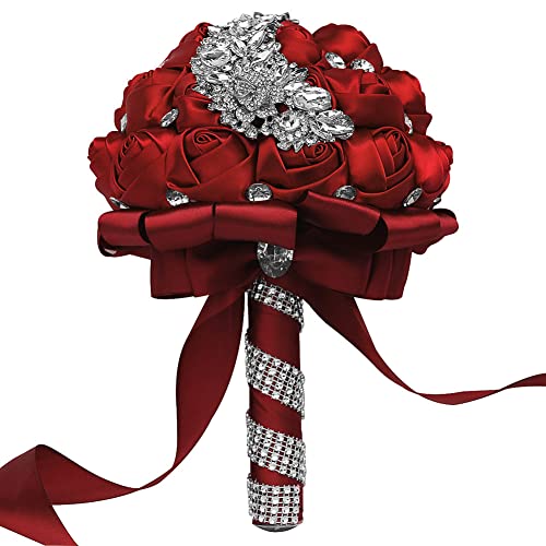 XINNI Brooch Bridal Wedding Bouquet Bride Bridesmaids Satin Rose Flower Bouquet with Meteor Shower Shape Rhinestone for Wedding Dark Red - color: Dark Red