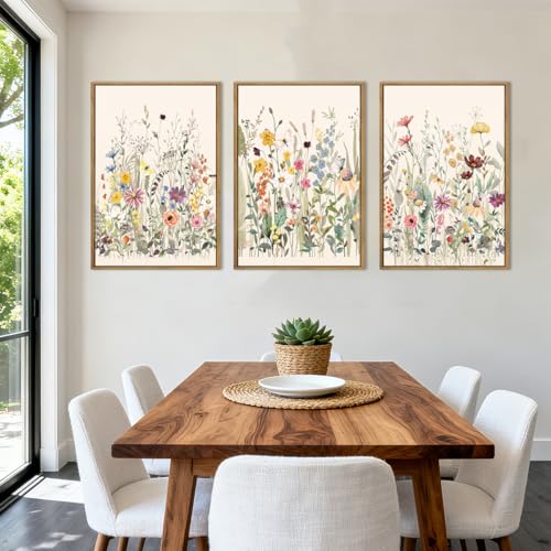 BINCUE Wildflower Wall Art Large Floral Wall Painting Neutral Print Pictures Framed Flower Wall Decor Wildflower Artwork Flowers Pictures Floral Art Prints for Living Room Bedroom Bathroom Farmhouse 24x36 Inches Set of 3 Gift - color: Wildflowers, size: 2