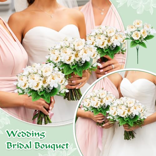 Olgaa 12 Bundles Peonies Artificial Flowers Fake Peony Bouquet Faux Peonies Flowers Bulk with Stems Flower Balls for Centerpiece Table Decorations Wedding Bridal Floral Arrangement (White) - color: White
