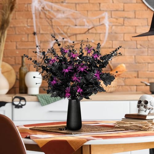 Giegxin 10 Pcs Halloween Floral Picks Halloween Decorations 19.5inch Black Artificial Flowers Branches Eucalyptus Stems Glitter Spiderweb Maple Leaf Stems for Home Indoor Party Vase Arrangement Decor