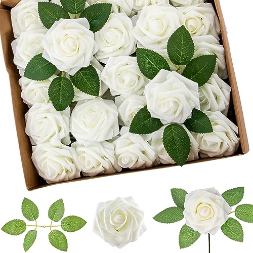 Cliselda 100Pcs Artificial Flowers Ivory White Fake Roses with Stems, Valentine's Day Gifts, Real Touch Foam Rose Bulk Faux Flowers for Decoration Centerpieces Flower Arrangements - color: Ivory White