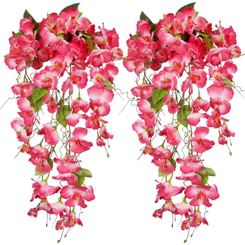 2 Pcs Fake Hibiscus Flowers Artificial Hanging Flowers Plants for Outdoors Realistic UV Resistant Spring Summer Decor Pink Silk Faux Flowers Trailing Vines for Front Door Porch Outside - color: Pink