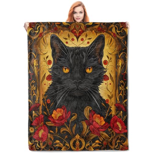 Black Cat Fleece Blanket Gifts, Halloween Black Cat and Floral Design, Soft Cat Throw 40x50 inches, Halloween Decor - Gold and Black - color: Color446, size: 40"x50"