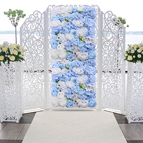 Artificial Flower Wall Panel, 4 Pcs White Silk Rose Blue Hydrangea Flower Wall Mat Fake Flower Wall Backdrop for Wedding Party Decoration 24" X 16" - color: 4pcs Blue White