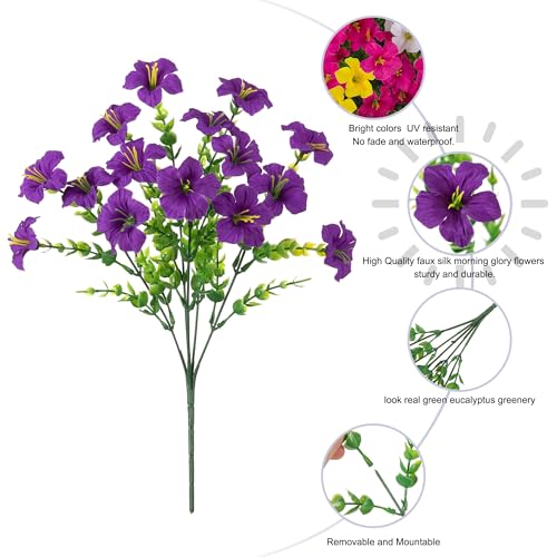 Artificial Flowers for Outdoors Decoration, 20 Bundles Faux Morning Glory with Eucalyptus Look Real UV Resistant Fake Plants Silk Flowers for Outside Yard Gardens Porch Patio Planter Home Urn, Mix - color: 6 Color(4 Purple, 3 Gradient Purple, 3 Fuchsia, 4