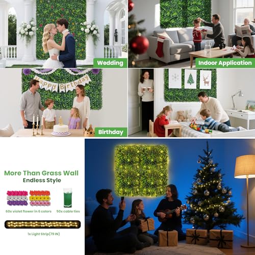 Artificial Grass Wall Panels - 12 Pack 10"x10" Ivy Privacy Fence Screen for Indoor Outdoor, Anti-UV Boxwood Hedge for Wedding & Event Decor, Greenery Wall with DIY Light Strip & Flowers (8.33 Sq.Ft)