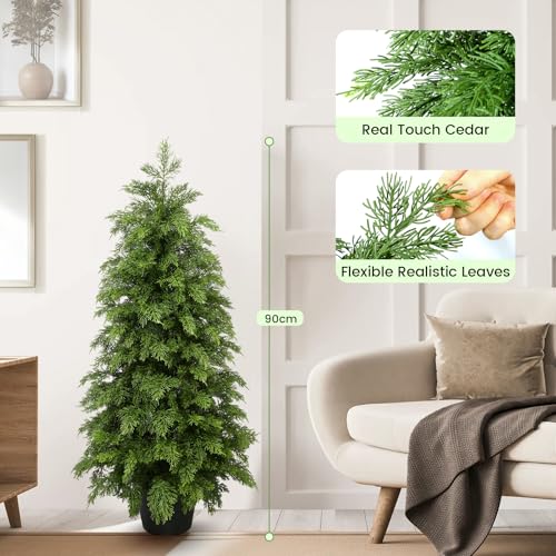 3ft Artificial Cedar Topiary Trees 2 Pack,Real Touch Cedar Tree Faux Plants Potted UV Resistant Evergreen Tree for Outdoor Indoor Door Garden Farmhouse Home Decoration - size: 3ft
