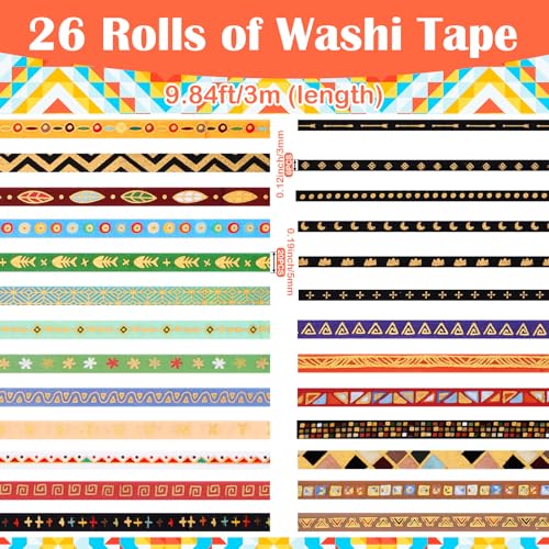 26 Rolls Skinny Washi Tape Set Gold Foil Decorative Tapes for DIY Art Craft Scrapbook Bullet Journals Planners Party Decor Gifts Wrapping, Slim 3mm/5mm - color: V
