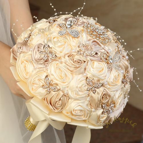 Handmade Wedding Flowers Bouquet Round Holding Bridal Bouquet Artificial Satin Roses Bunch for Bride Bridesmaid Wedding Quinceanera - color: Cream & Camel, size: Large (Dia. 9.8"/25cm)