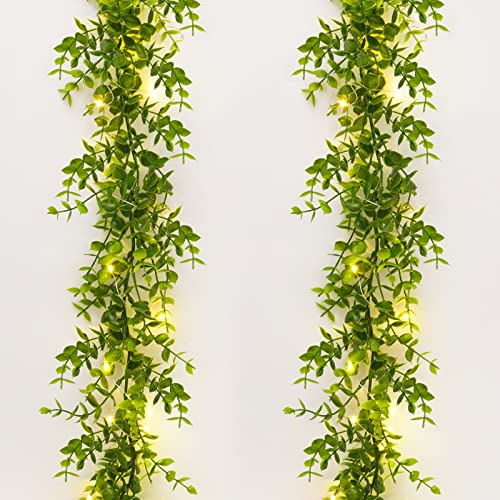 Dolicer 2 Packs Eucalyptus Garland with LED Lights String, 12FT Faux Eucalyptus Greenery Garland, Artificial Hanging Green Leaves Vine Wedding Backdrop Arch Wall Table Decor (Green) - color: Green With Light, size: 2 Packs