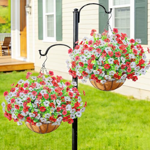 2 Pack Artfiticial Hanging Flowers Baskets for Outdoors, UV Resistant Faux Hanging Plants, 24 Pcs Fake Silk Flowers for Patio Garden Front Porch Balcony Decor (Red White) - color: Red White