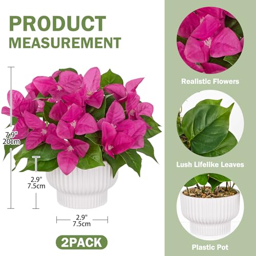 2 Pack Artificial Bougainvillea Plant with Pot, Fake Bougainvillea Flower Potted Plant for Indoor Home Living Room Office Wedding Party Tabletop Decoration, Pink - color: Pink
