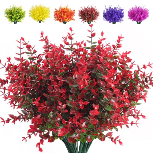 RECUTMS 8Pcs Ferns Artificial Plants Artificial Plants & Greenery Artificial Boxwood Plants Outdoor Uv Resistant Greenery for Outsid Faux Ferns for Outdoors Eucalyptus Stems for Vase(Red Eucalyptus) - color: Red Eucalyptus, size: 8 Pcs
