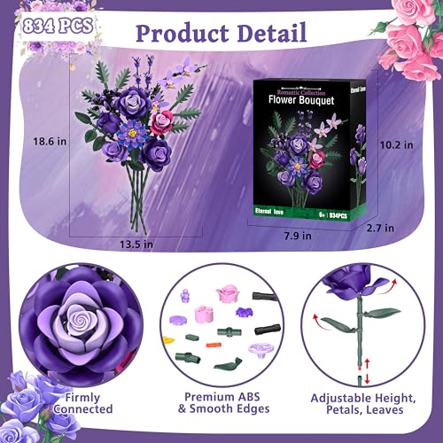 Purple Roses Flower Bouquet Building Sets, 834PCS Artificial Flowers Botanical Collection Compatible with Lego Flowers for Adults Gothic Decor, Valentines Day Gifts for Women Her Wife Girlfriend Mom