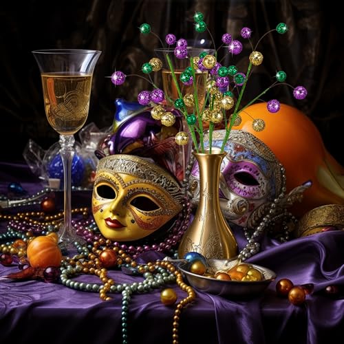 Watayo 8 Pack 15" Large Mardi Gras Ball Centerpiece Stems, Mardi Gras Artificial Glitter Berry Stems Ornaments, Shiny Purple Gold Green Berry Branches Twigs Picks Sprays for Carnival Party Home Decor - color: Purple Gold Green