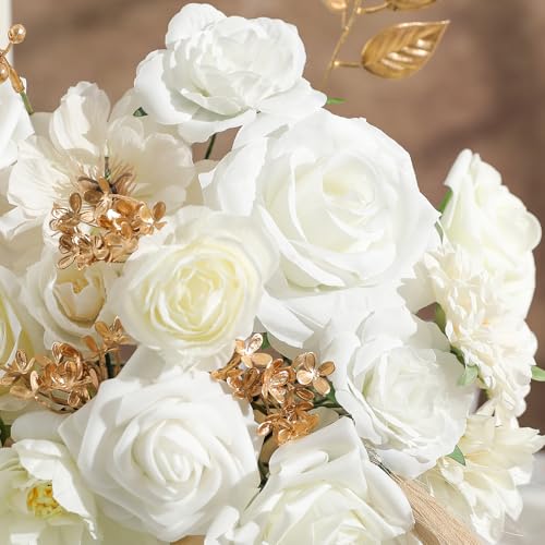 Garisey Artificial Flowers Combo, Mix Silk Flowers Roses, Peonies, Dahlias with Stems for DIY Wedding Bridal Bouquets, Baby Shower, Table Centerpieces, Home Decor, Fake Floral Arrangements-White - color: White