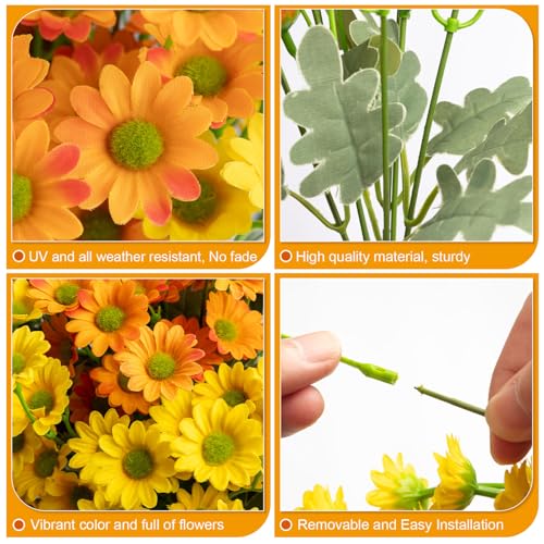 Daisy Artificial Fake Flowers Plants for Outdoor Outside Fall Decor, 6 Bundles Fake Mums UV Resistant Look Real for Planter Pot Porch Patio Balcony Garden Yard (Orange Yellow)