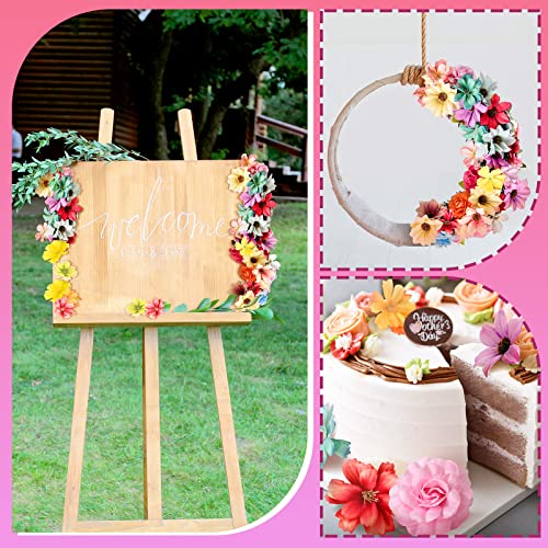 Hoteam 100 Pcs Assorted Flower Heads Decorative Artificial Fake Heads Small Faux Floral Crafts DIY Mini Daisy Rose Plum for Wedding Cake Mother's Day Party Wreath Home Spring (Bright) - color: Bright