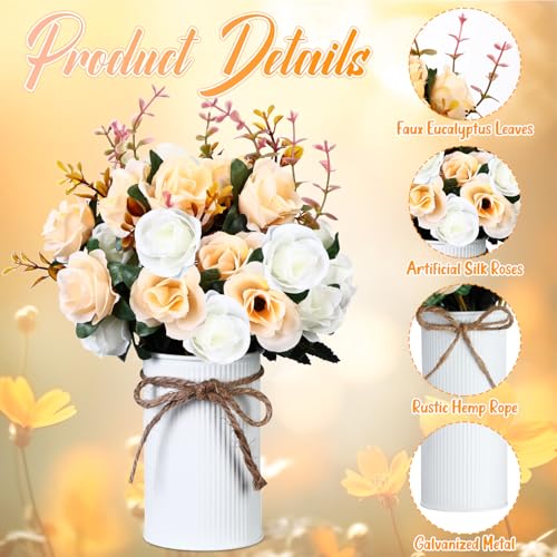 Domensi 6 Sets Wedding Centerpiece for Table Artificial Rose with Vase Fake Bouquets and Metal Pot Flower Arrangements for Bridal Shower Birthday Party Event Table Decor (Champagne) - color: Champagne