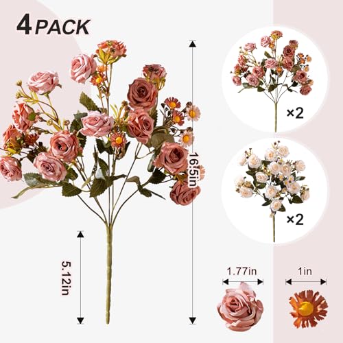 Artificial Rose Flowers for Outdoor 4 Bundles Rose Bouquet with Daisy Faux Flowers UV Resistant for Home Indoor Outside Garden Porch Window Box Balcony Yard Porch Fall Decor (White+Brown) - color: White+brown