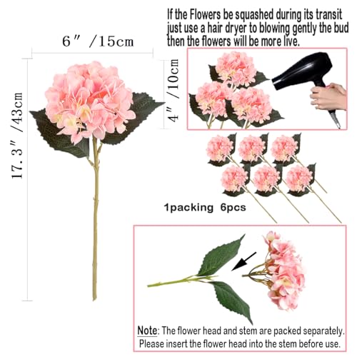 Pack of 5 Artificial Fake Flowers Plants Silk Hydrangea Arrangements Wedding Bouquets Decorations Plastic Floral Table Centerpieces Home Kitchen Garden Party Festival Bar(Pink) - color: Pink