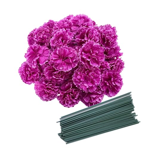 Rikyo 50 Artificial Silk Carnation Flower Head with Stems Set,Vase Fillers for Home Decor Bridal Wedding Party Birthday Cake Ornaments,Handmade Wrist Corsage, 3" Petals Heads & 8" Stems (Purple) - color: Purple