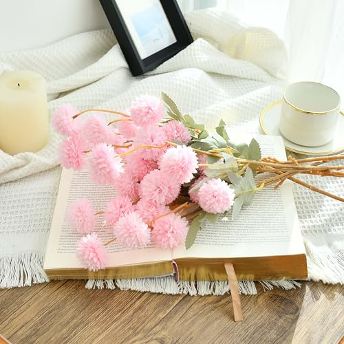Mandy's 6 Stems Silk Pink Kiku Ball Flowers | Artificial Chrysanthemum Stems for Home Summer Décor Realistic Faux Floral Arrangement Minimalist Elegant Style - color: Pink