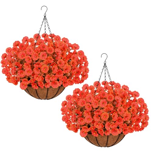 Yastouay 2 Pack Artificial Fall Hanging Baskets for Outdoors, Fake Hanging Plants Faux Petunias Flowers, Realistic UV Resistant Fall Flowers for Outdoors Porch Garden Patio Decor - color: Orange, size: 24 Bundles