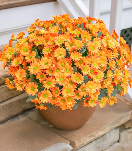 Daisy Artificial Flowers for Outdoors Decoration, 6 Bundles Fake Plants Flowers Bouquet Faux Flowers for Outdoor Planter Look Real UV Resistant Silk Flowers for Outside Front Door Porch Patio, Orange - color: Orange