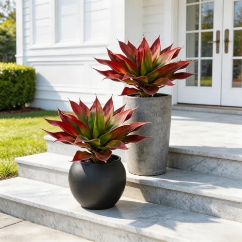 2 Pack Fake Agave Plants 18 Inch Large Artificial Succulents Realistic UV Resistant Faux Aesthetic Plants for Outdoor Decoration Tropical Plant Home Garden Front Porch Decor - 21Leaves, Red - color: Red, size: 18"- 2pcs