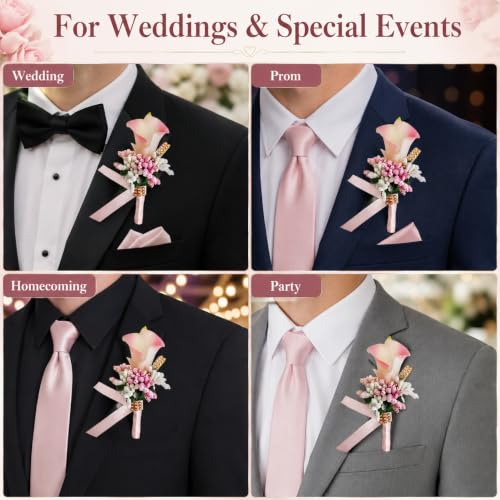 ChezMax Calla Lily Pink Boutonniere Handmade Silk Flower with Ribbon Corsage for Bride Groom Wedding Party 6 Packs - color: B-pink Boutonniere-6 Pcs