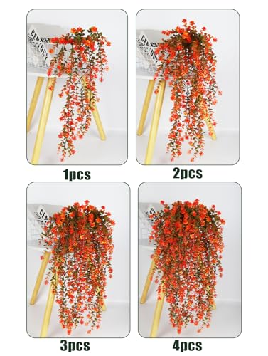 SJL Hanging Greenery Fake Plant 4pcs Artificial Hanging Plants Flower Plastic Leaves Flowers Fall Eucalyptus Palnts Outdoor Vines Decor Eucalyptus Real Touch for Patio Living Room (Salmon) - color: Tangerine