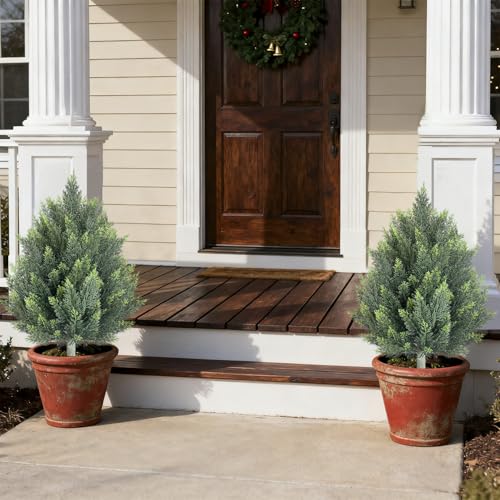 32inch Artificial Topiary Tree Set of 2 Beautiful Realistic Faux Cedar Pines Christmas Trees UV Rated Fake Shrubs for Front Porch Faux Plants Indoor and Outdoor Decor - color: Cedar-tower