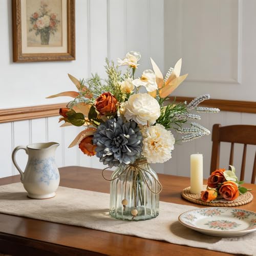 LESING Dahlia Flower Aritificial Flower with Vase Fake Silk Flowers in Glass Vase Faux Rose Flowers Arrangement for Home Office Table Centerpiece Decoration (Blue) - color: Blue