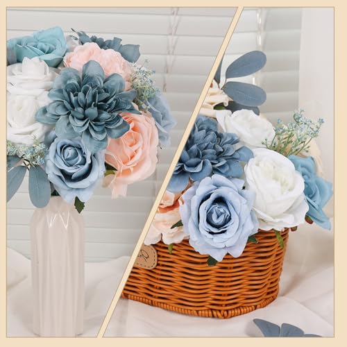 Artificial Flowers Combo Box Blue Fake Flower Bouquet Set for Wedding Centerpieces Arrangements Bridal Shower Birthday Party DIY Decorations - color: Light Blue
