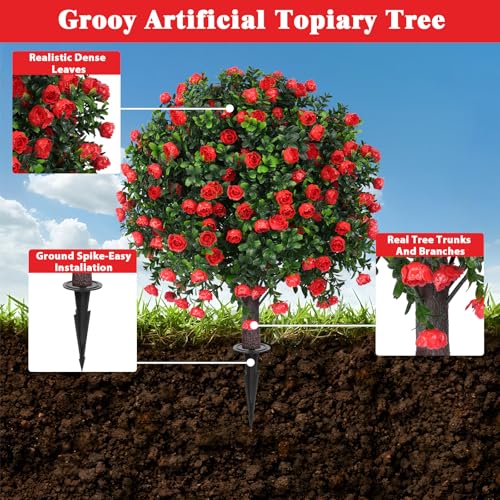 Grooy Artificial Boxwood Topiary Tree with Rose, Set of 2 Artificial Shrub Bushes with Ground Spike, Fake Evergreen Tree for Porch, Artificial Plants for Outdoor Planters Indoor UV Resistant - color: Red Rose