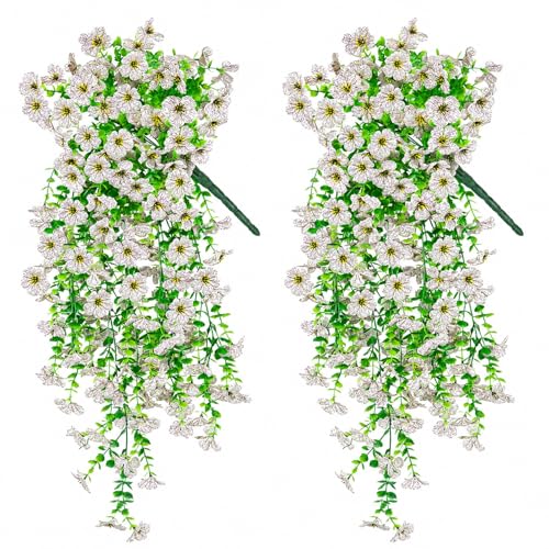 Artificial Hanging Flowers for Outdoors Decorations 2 Pack, Fake Hanging Flowers, UV Resistant Artificial Hanging Plants Outdoors for Home Porch Patio Balcony Baskets Yard(White) - color: White