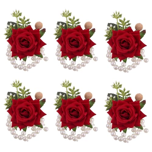 Ruby Red Wrist Corsages Set of 6 for Bridal Bride Bridesmaid Women Artificial Hand Flower Formal Party Wrist Corsage Pearl Band Wristlet Wedding Prom Homecoming Ruby Red - color: Ruby Red Corsages ( 6pcs )