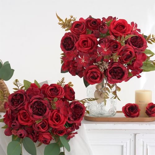 4 Pcs Mixed Artificial Peony Flowers Set-2 Bouquets & 2 Stems, Red Fake Peony Rose Hydrangea Flowers for Vase Silk Floral Arrangements for Table Centerpiece Wedding Party Bridal Decoration Home Decor - color: Red, size: Mixed 4pcs