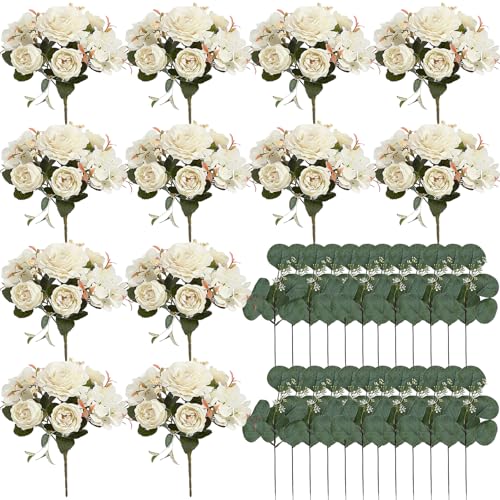 Peony Artificial Flowers, Faux Peonies Hydrangea Eucalyptus Bouquet 12 Packs Silk Vintage Realistic Peony Floral Arrangement for Wedding Centerpiece Table Vase Home Party Decor-Ivory White - color: Ivory White