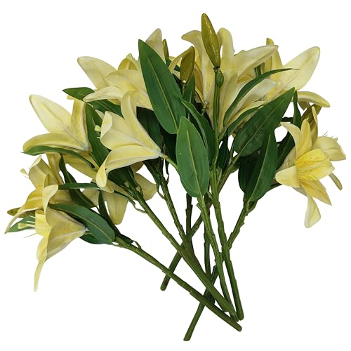 ATFL Artificial Lilies Flowers,9 Pcs Faux Lily Flowers,16''Tiger Lily Branches with 2 Full Blooms and 1 Bud,Faux Fake Lilies Plants for Wedding Bouquet Floral Arrangements (9, Yellow) - color: Yellow