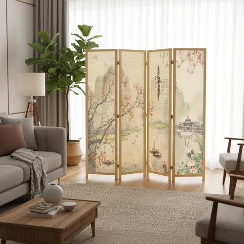 MyGift 4-Panel Folding Bamboo Room Divider Asian-Inspired Cherry Blossom Scene, 6 FT Freestanding Floral Artwork Room Partitioner with Beige Wood Frame - color: Beige (Floral), size: 4 Panel