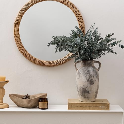 PORCER 9.84 Inch Ceramic Vase with Handles, Tuscan Decor Antique Terracotta Vase, Rustic Decorative Flower Vase for Home Decor, Farmhouse, Living Room, Table, Bedroom, Office, Entrance- Gray - color: Gray