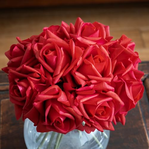 Artificial Roses-10-pcs Soft Touch Fake Flowers with Stems, Realistic Bridal Bouquet & Bulk Home Party Wedding Decor Roses - color: Red 10pcs