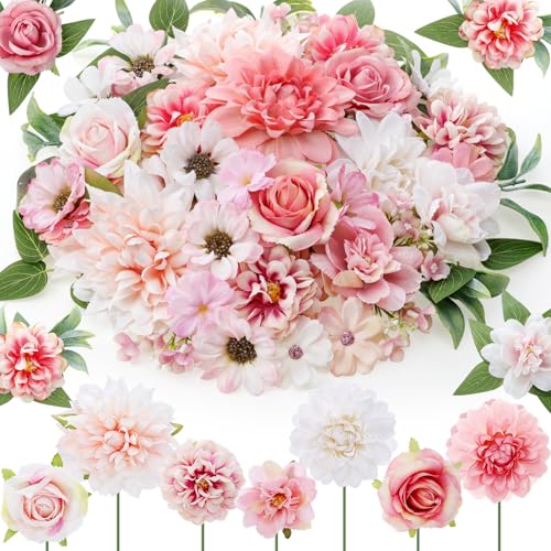 Janinka 100 Pcs Pink Assorted Fake Flower Heads with Long Stem Mini Artificial Flower Bulk Mix Silk Faux Daisy for Crafts Fake Peony Rose for DIY Wedding Party Wreath Home Decoration - color: Pink